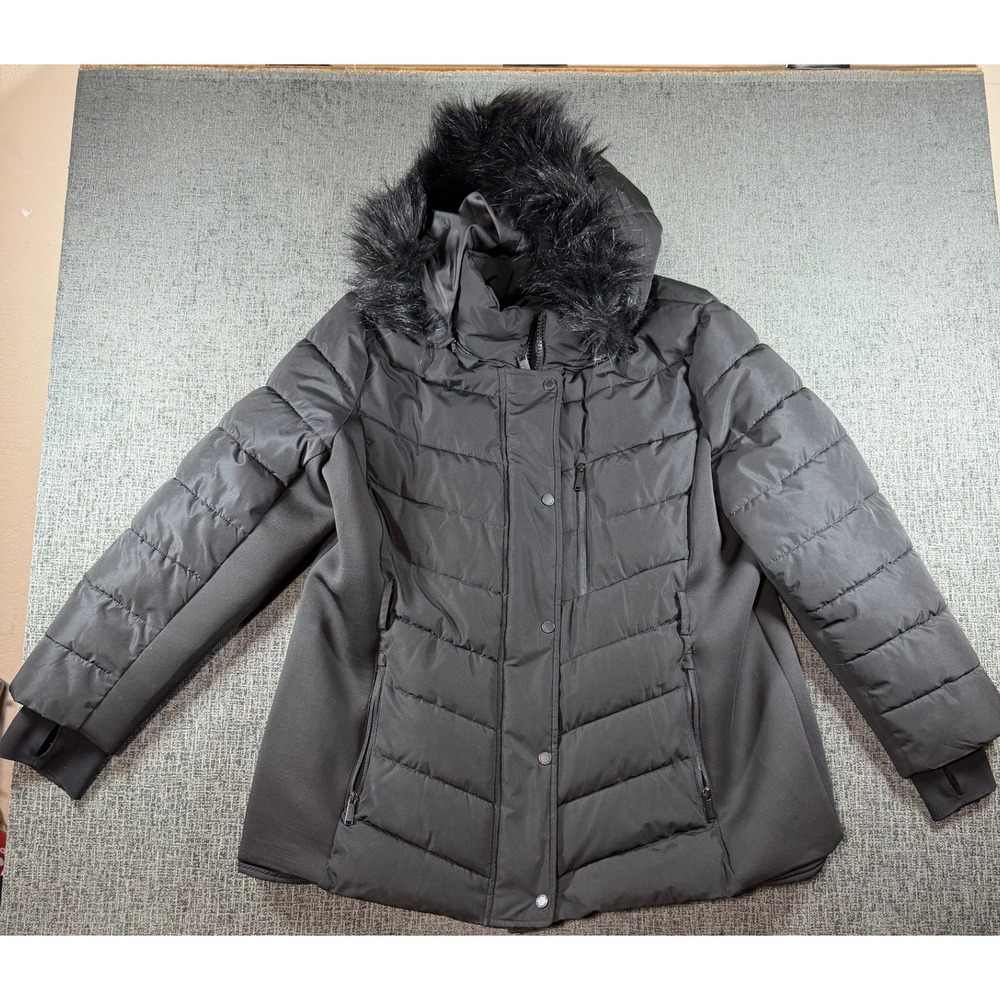 London Fog Womens Black Faux Fur Trim Hooded Puffer Jacket XXL 7421392BSC